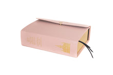 Load image into Gallery viewer, Pink Leather Spanish Quad w/ Provo City Center Temple and a Button Snap | Another Language: Quad | Custom LDS Scriptures | Mormon Quad | LDS Scripture Quad in Spanish & Portuguese