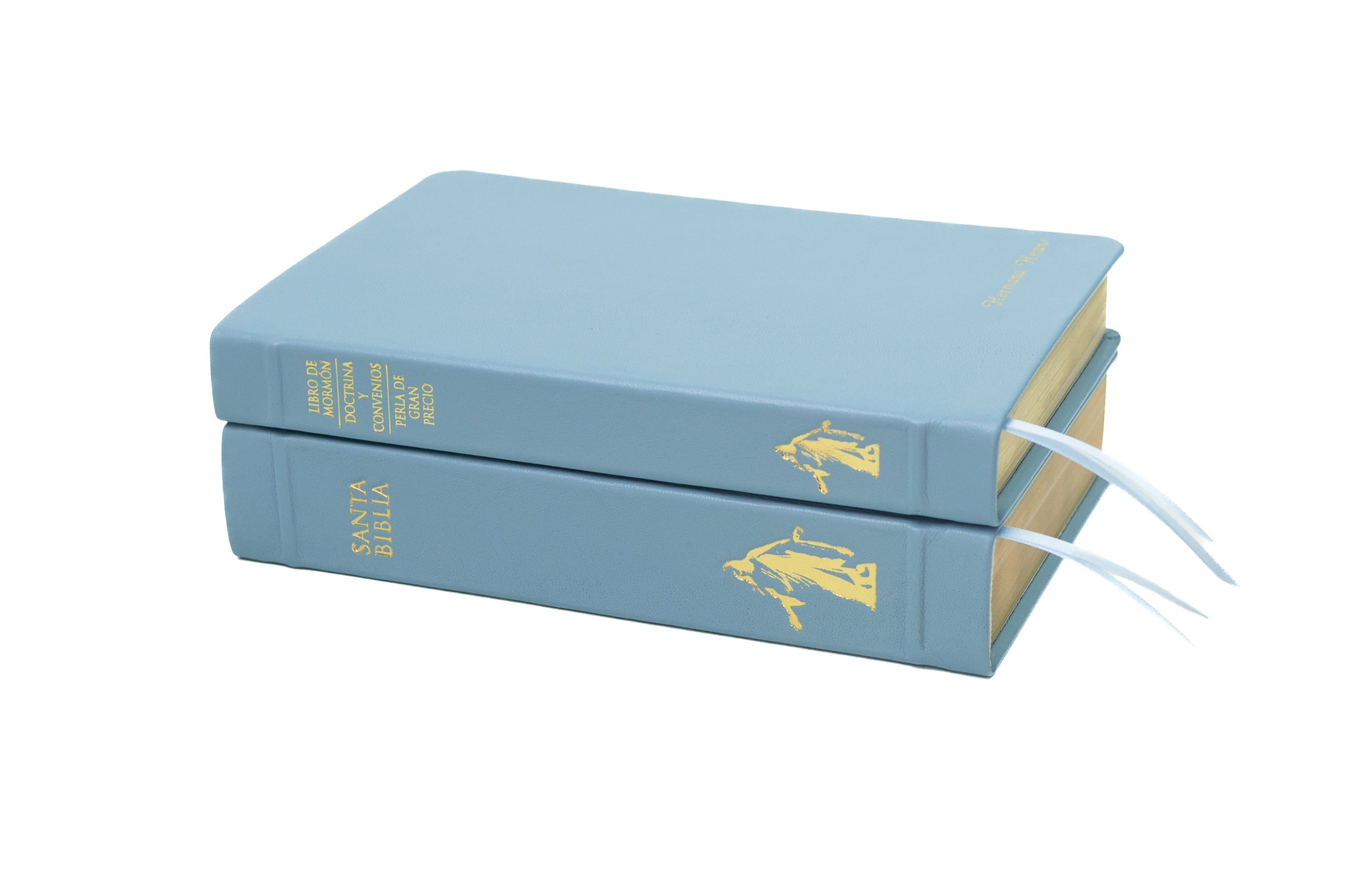 Powder Blue Holy Bible & Triple Combination with Gold Embossing - Spanish | LDS Spanish Scriptures | Personalized Bible