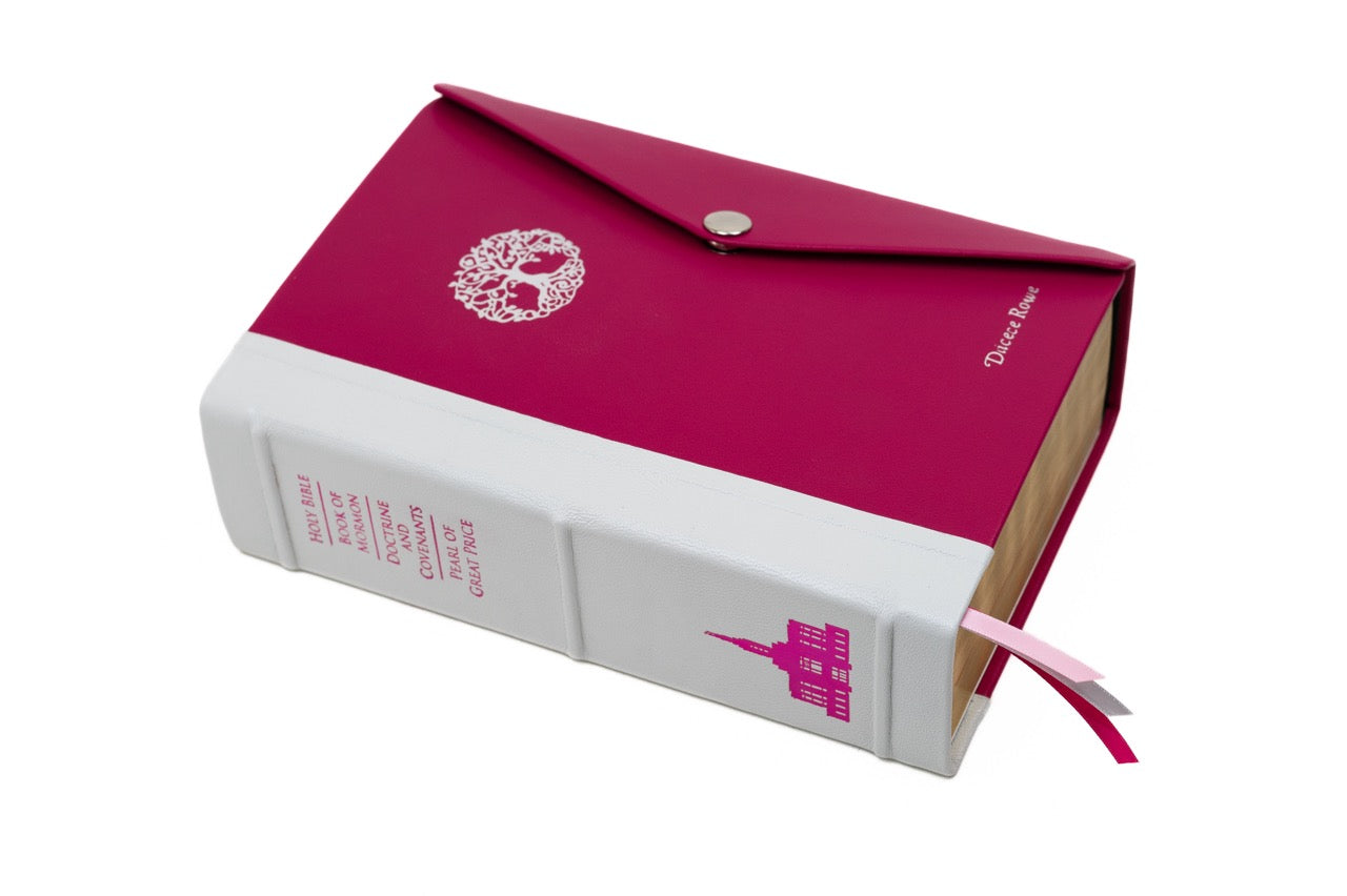 Premium Quad - Large - Lilac & Hot Pink with Large Tree of Life & Pocatello, ID Temple | Custom LDS Scriptures is the Best Source for Colored Scriptures | 16,300+ Colored Scripture Options
