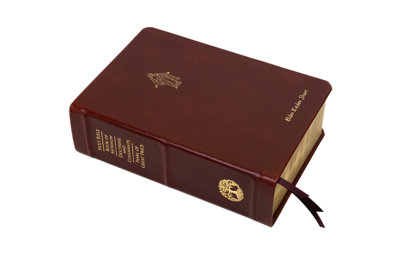 Premium Quad - Large - Maraschino Cherry with Medium Christus & Medium Tree of Life | Custom LDS Scriptures is the Best Source for Colored Scriptures | 16,300+ Colored Scripture Options