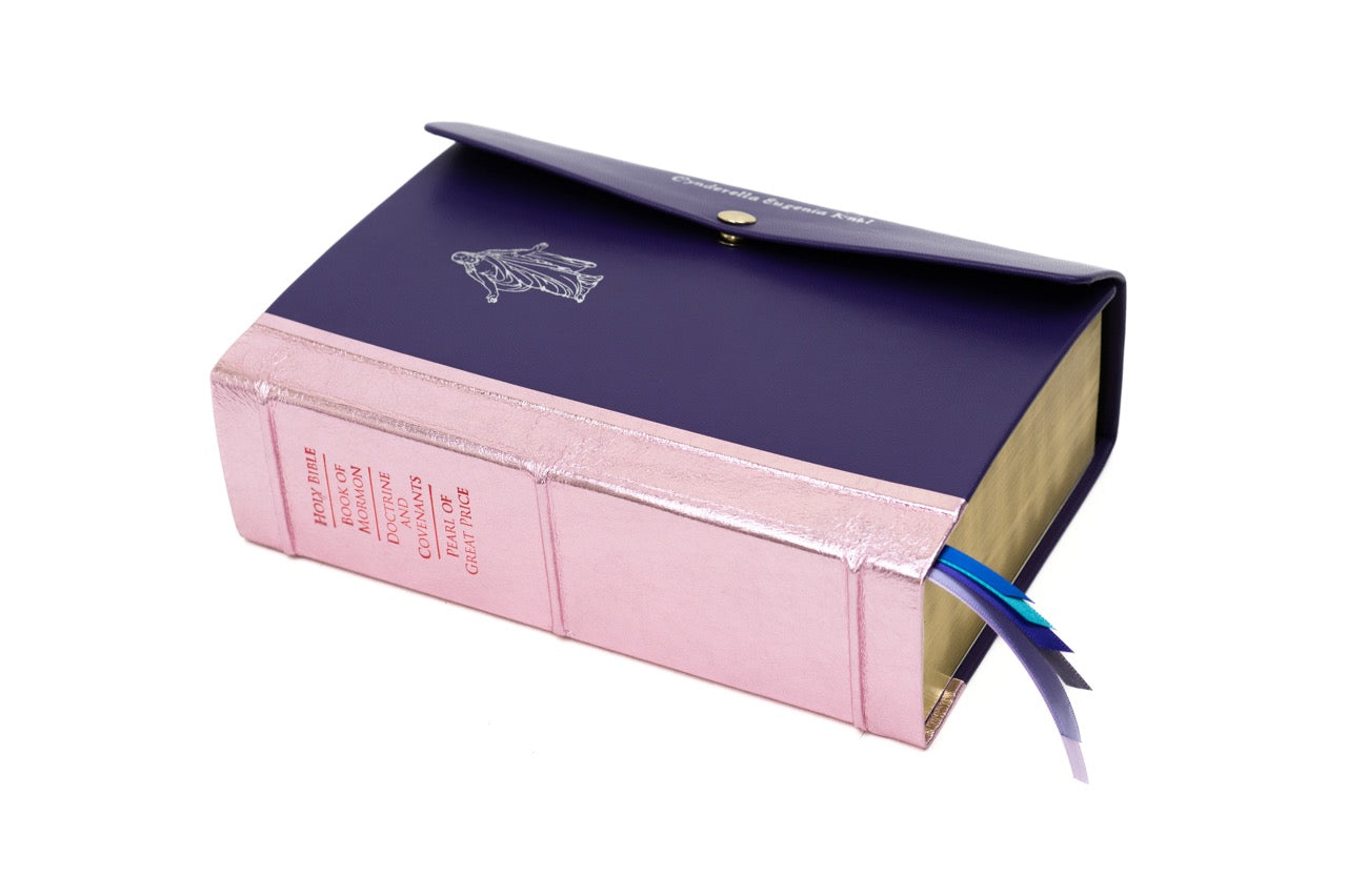 Premium Quad - Large - Metallic Light Pink & Purple with Large Christus | Custom LDS Scriptures is the Best Source for Colored Scriptures | 16,300+ Colored Scripture Options