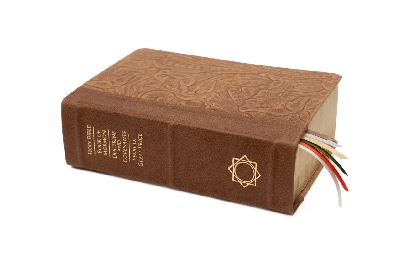Premium Quad - Large - Whiskey Tombstone & Natural Floral with Medium Melchizedek Star | Custom LDS Scriptures is the Best Source for Colored Scriptures | 16,300+ Colored Scripture Options